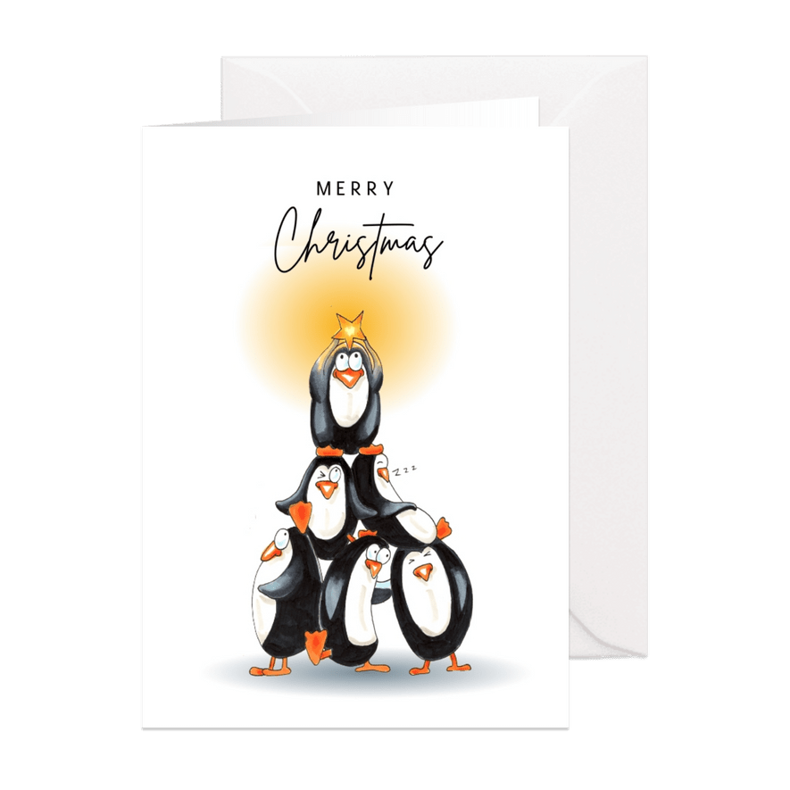 Kerstkaarten met stapel pinguïns en ster - Kaartimpressie