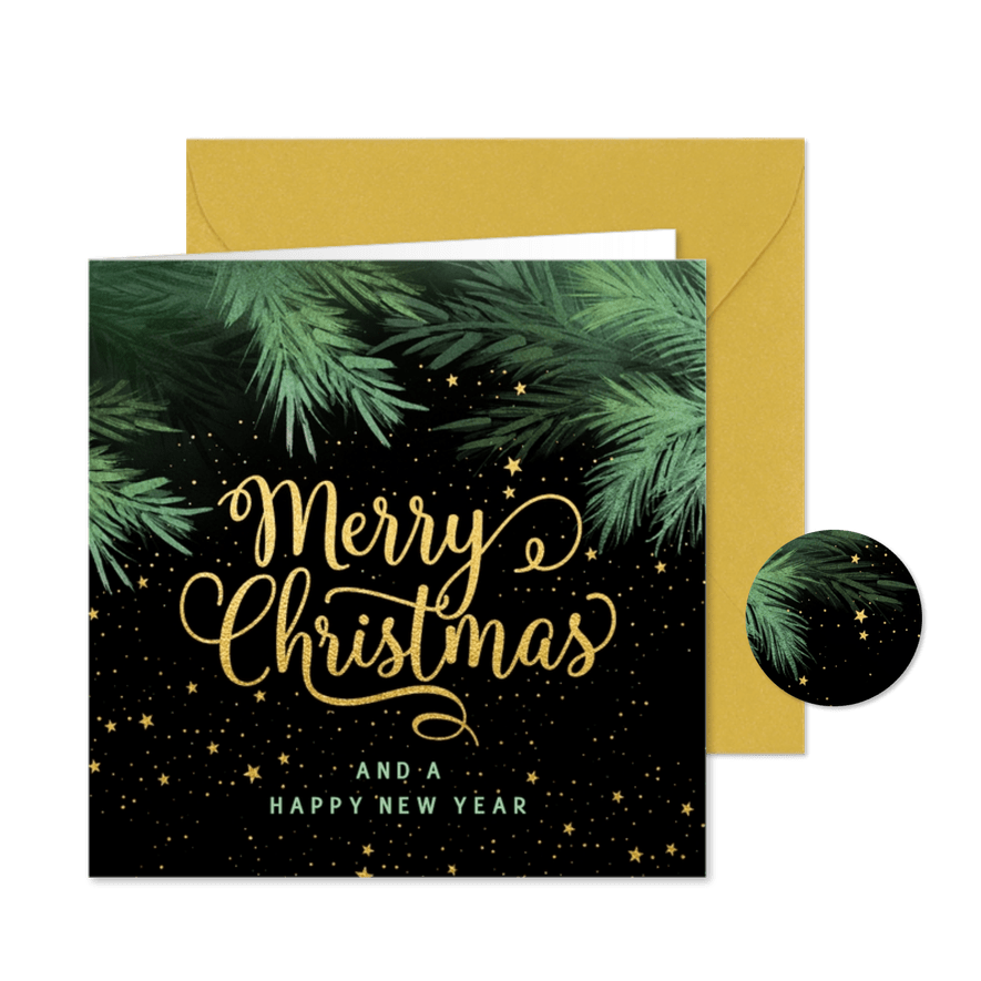 Kerstkaarten waterverf kerst takken en sterren hemel - Kaartimpressie