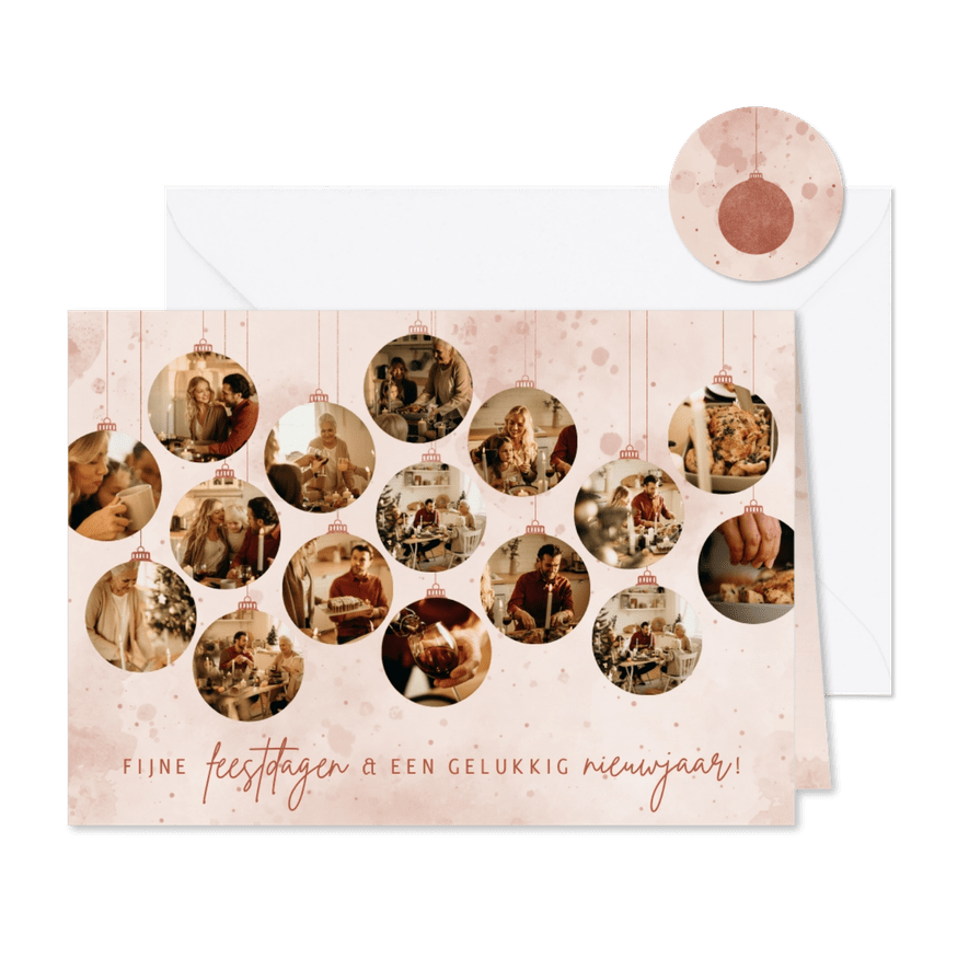 Kerstkaartje 16 koperlook kerstballen met foto's - Kaartimpressie