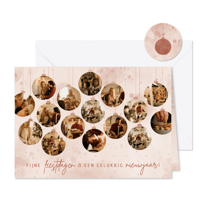 Kerstkaartje 16 koperlook kerstballen met foto's - Kaartimpressie