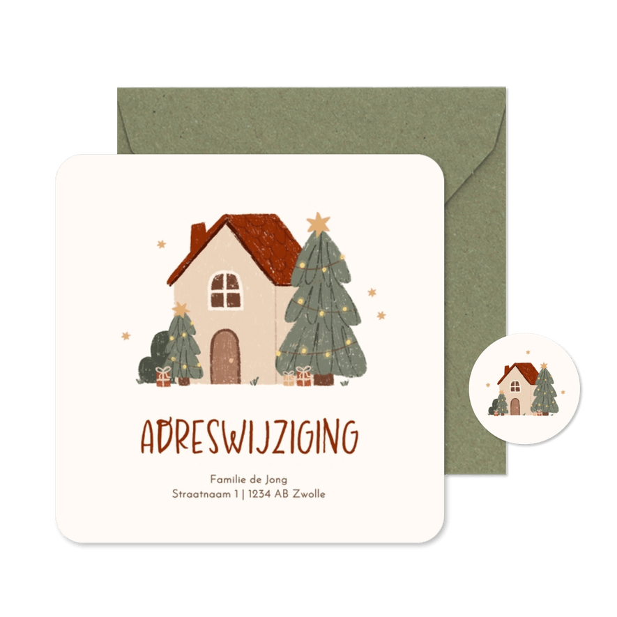 Kerstkaartje adreswijziging illustratie huis kerstboom ster - Kaartimpressie