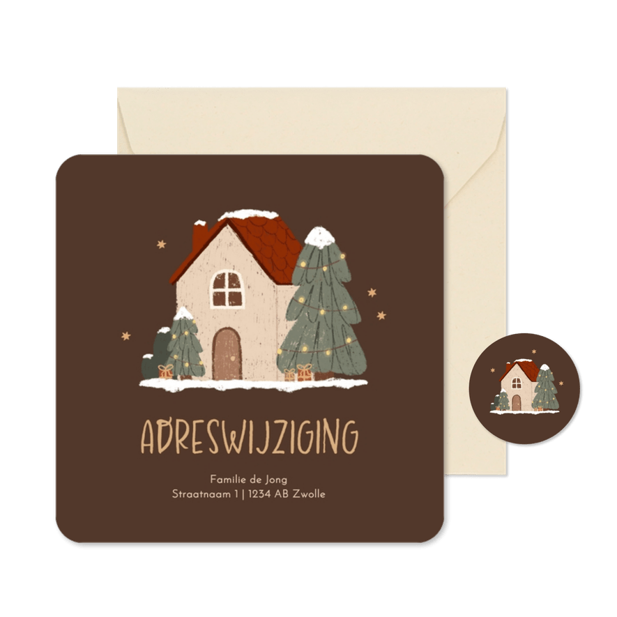 Kerstkaartje adreswijziging illustratie huisje met sneeuw - Kaartimpressie