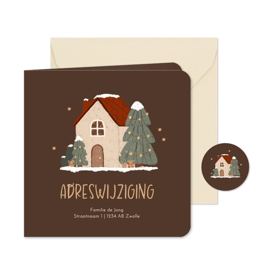 Kerstkaartje adreswijziging illustratie huisje met sneeuw - Kaartimpressie