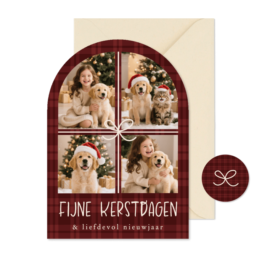 Kerstkaartje boogvorm ruitjes klassiek fotocollage strik - Kaartimpressie