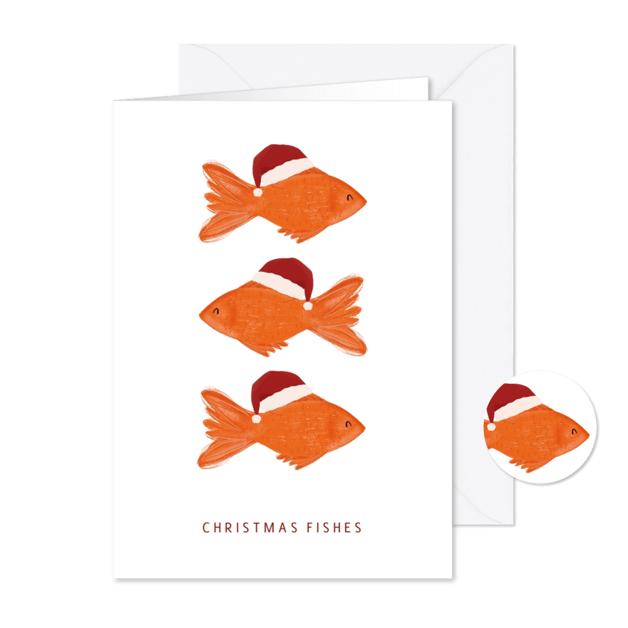 Kerstkaartje Christmas fishes met drie visjes met kerstmuts - Kaartimpressie