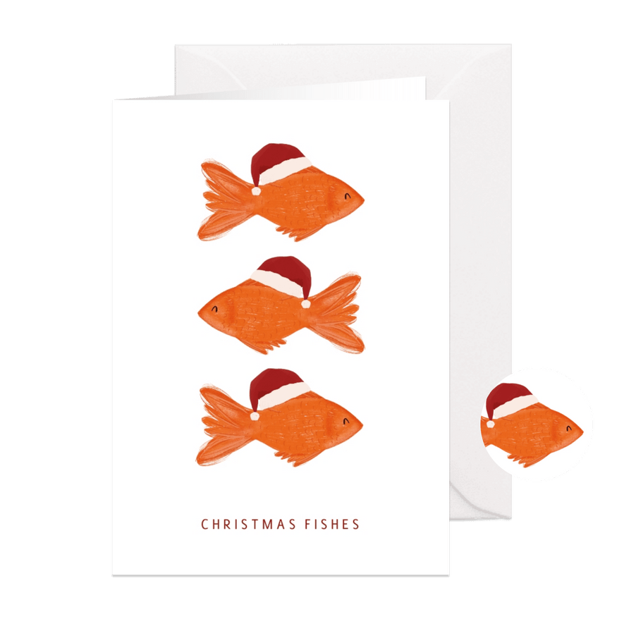 Kerstkaartje Christmas fishes met drie visjes met kerstmuts - Kaartimpressie