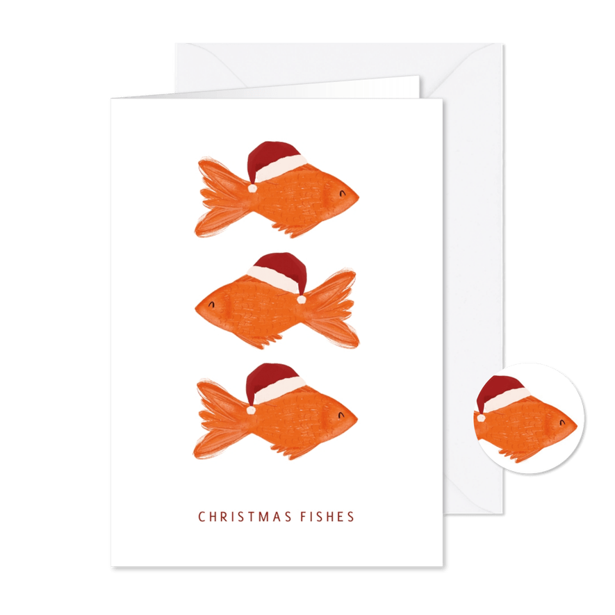 Kerstkaartje Christmas fishes met drie visjes met kerstmuts - Kaartimpressie