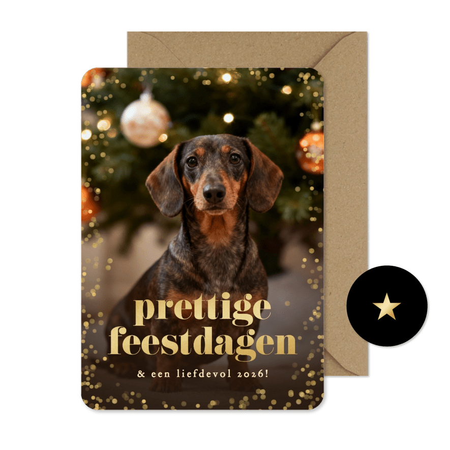 Kerstkaartje confetti grote foto hond prettige feestdagen - Kaartimpressie