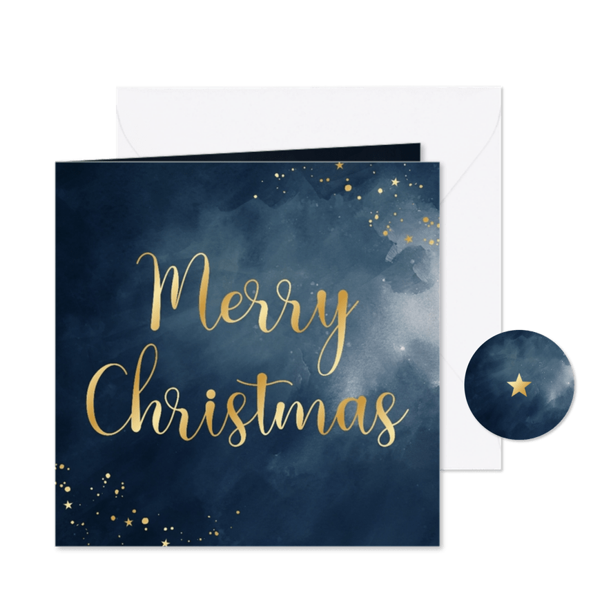 Kerstkaartje donkerblauw merry christmas gouden sterretjes - Kaartimpressie