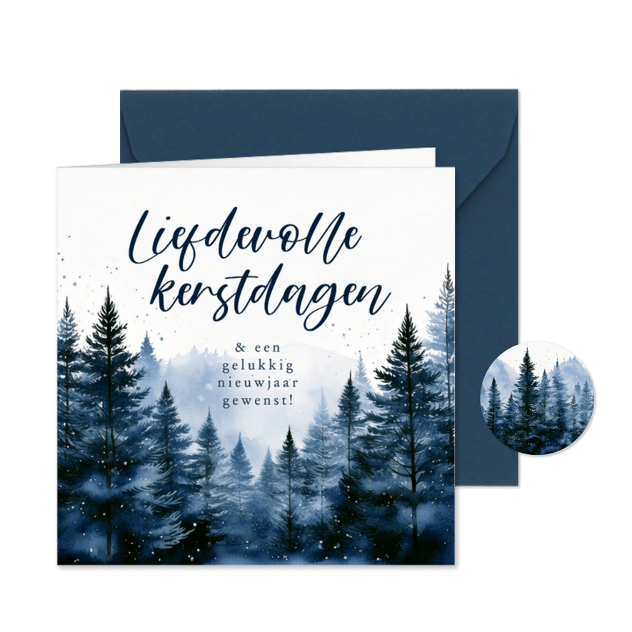 Kerstkaartje donkerblauw met kerstbomen landschap liefdevol - Kaartimpressie