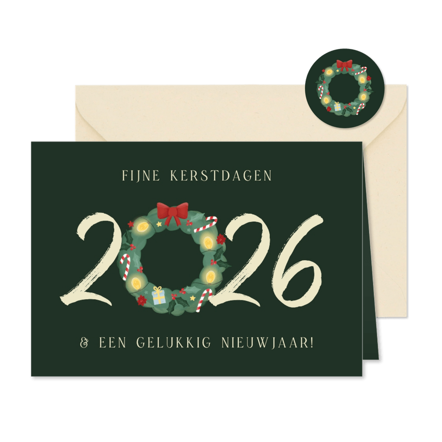 Kerstkaartje donkergroen 2026 met krans - Kaartimpressie