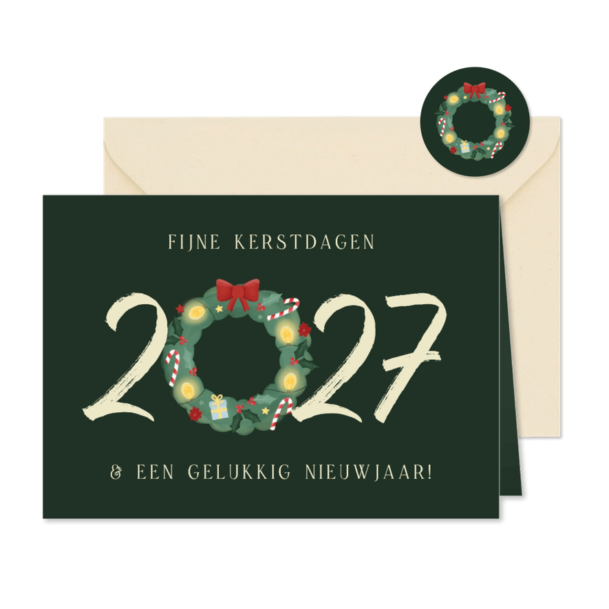 Kerstkaartje donkergroen 2027 met krans - Kaartimpressie