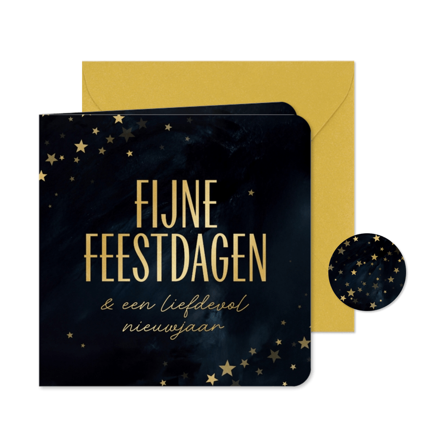 Kerstkaartje fijne feestdagen goud blauw met sterretjes - Kaartimpressie