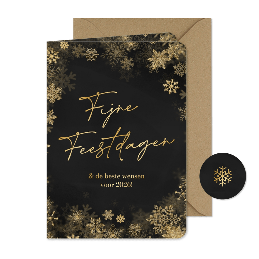 Kerstkaartje fijne feestdagen sneeuwvlokken goud - Kaartimpressie