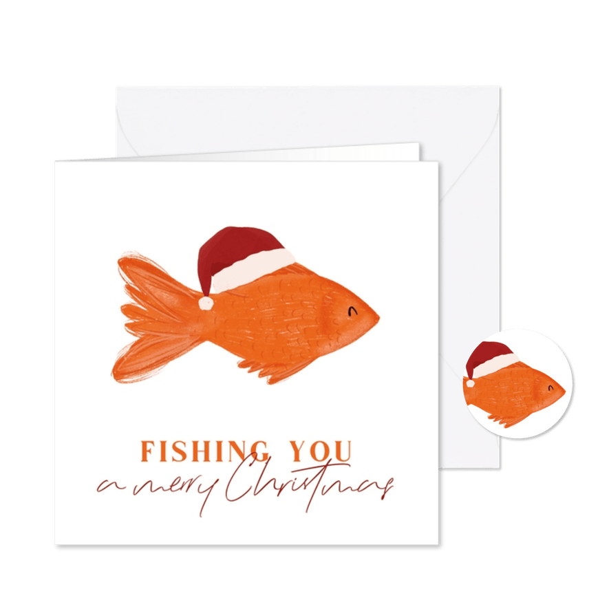 Kerstkaartje fishing you a merry christmas met visje - Kaartimpressie