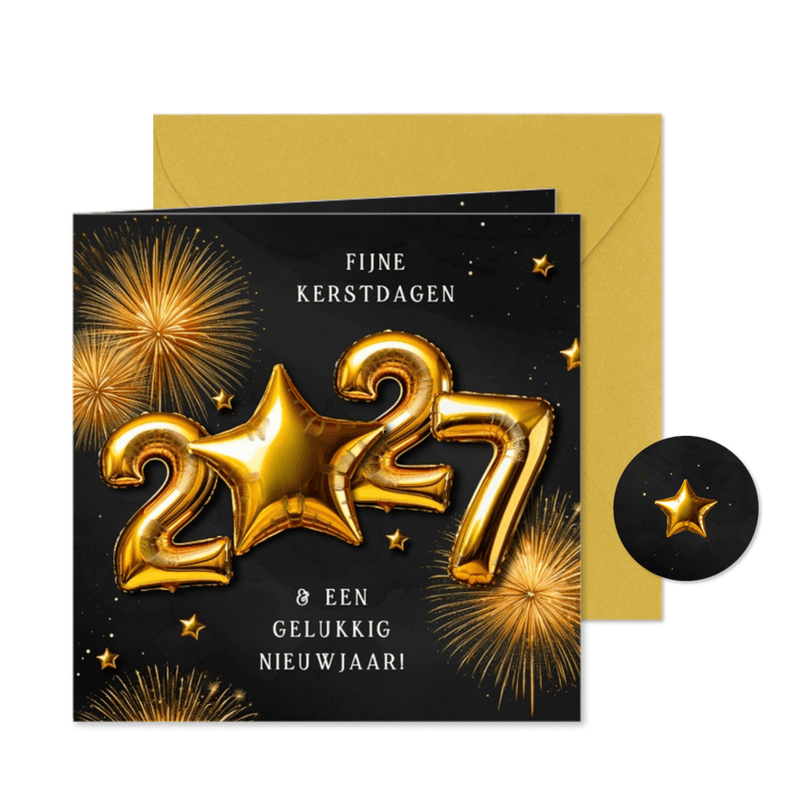 Kerstkaartje folieballonnen 2027 ster goud vuurwerk  - Kaartimpressie