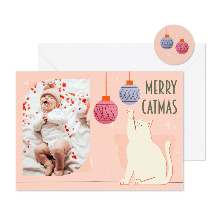 Kerstkaartje foto merry catmas retro met kat en kerstballen - Kaartimpressie