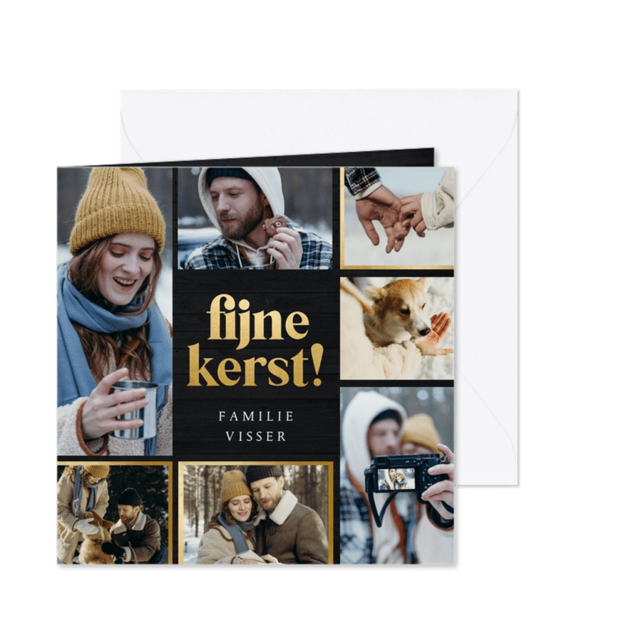 Kerstkaartje fotocollage hout met fijne kerst goud - Kaartimpressie