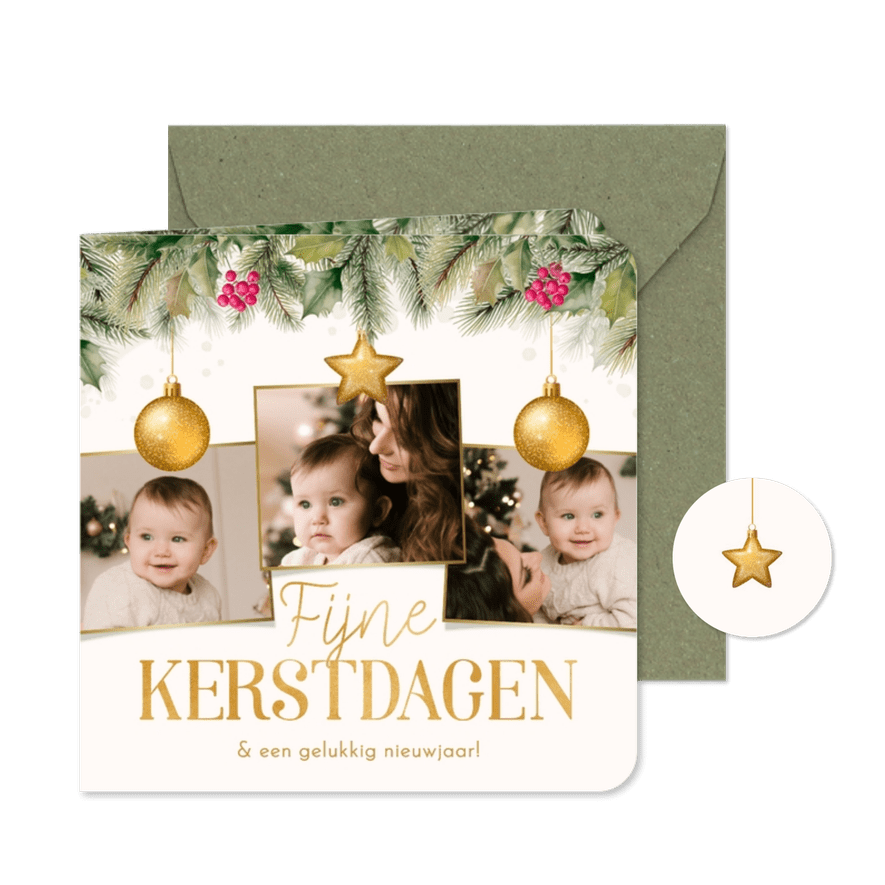Kerstkaartje fotocollage hulst kerstballen goudlook - Kaartimpressie