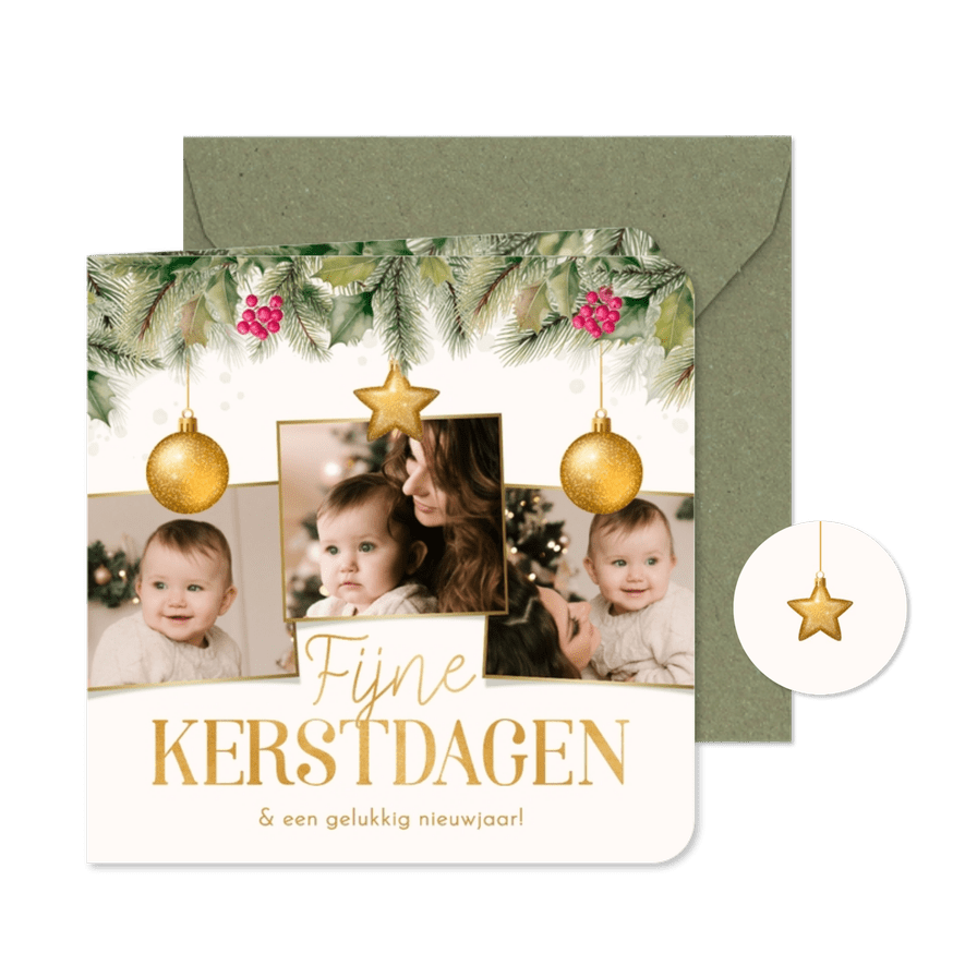 Kerstkaartje fotocollage hulst kerstballen goudlook - Kaartimpressie