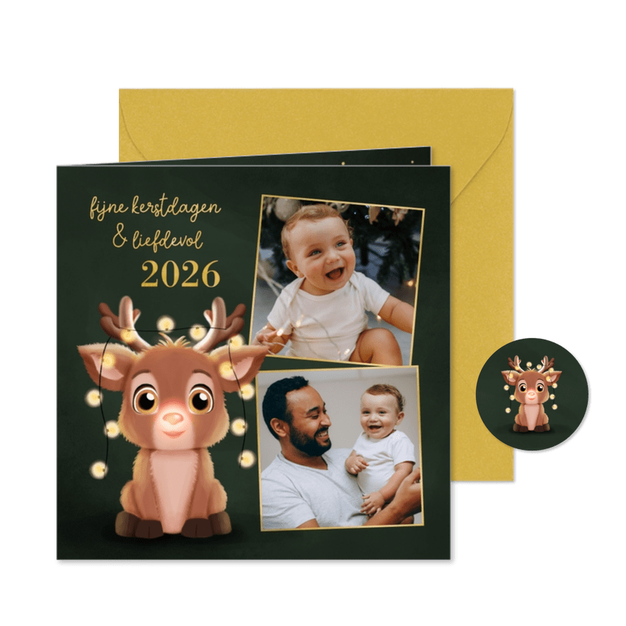 Kerstkaartje fotocollage lief rendiertje lampjes donkergroen - Kaartimpressie