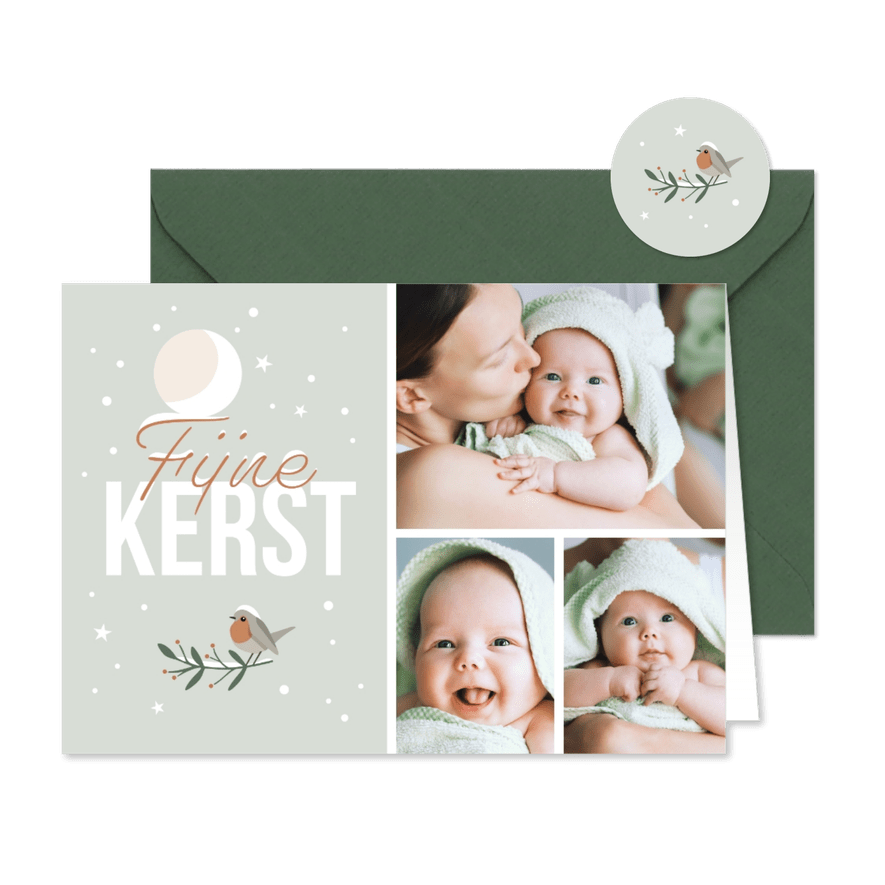 Kerstkaartje fotocollage maan roodborstje en vlokjes - Kaartimpressie