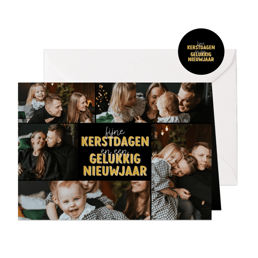 Kerstkaartje fotocollage met zes foto's en gouden tekst - Kaartimpressie