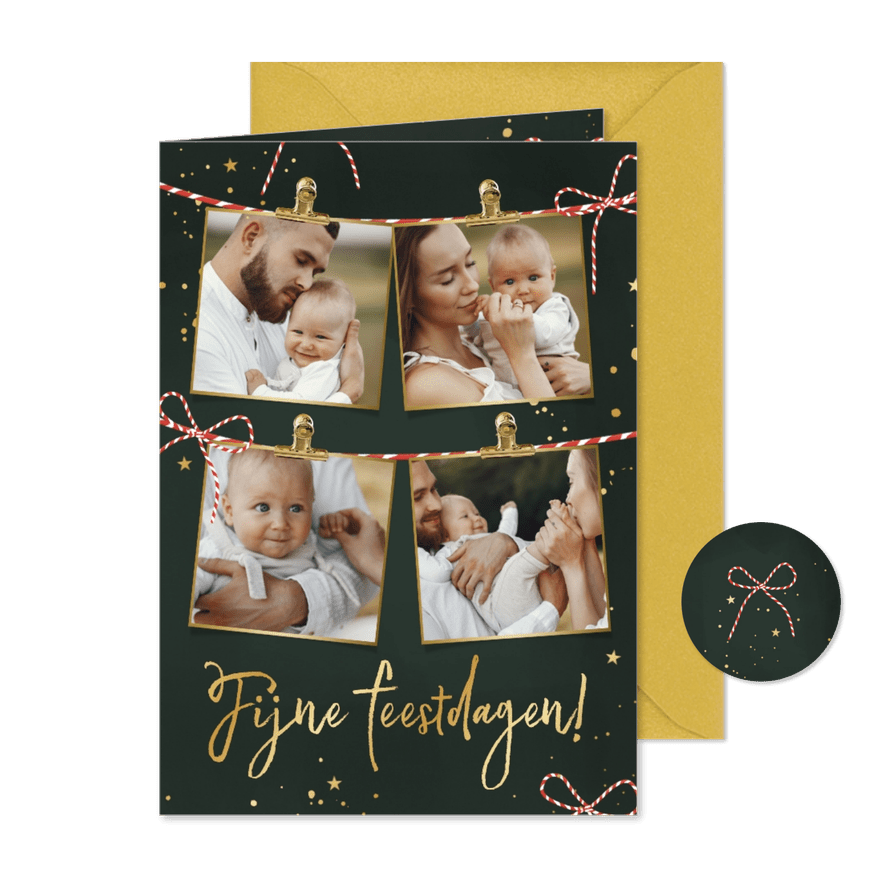 Kerstkaartje fotocollage strikjes donkergroen goud - Kaartimpressie