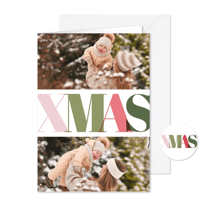 Kerstkaartje fotocollage XMAS in trendy kleuren - Kaartimpressie