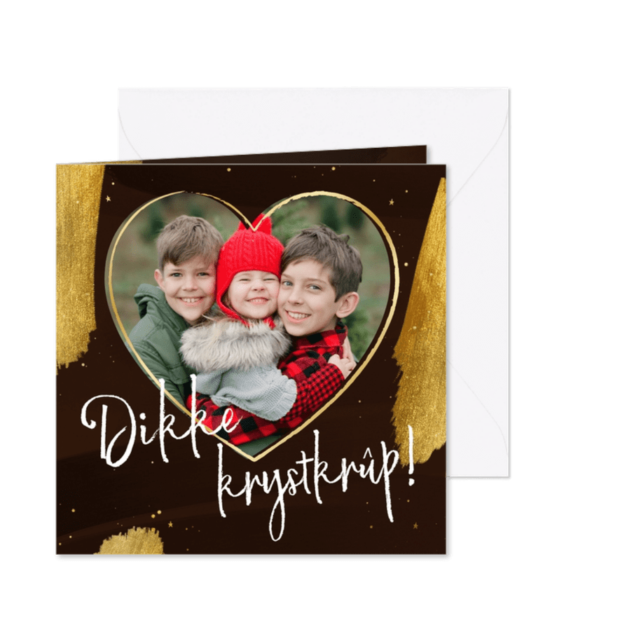Kerstkaartje Fries dikke krystkrûp met foto in hart bruin - Kaartimpressie