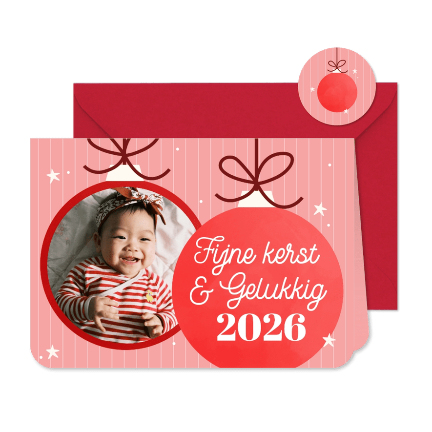 Kerstkaartje funky kleurtjes twee kerstballen en foto - Kaartimpressie