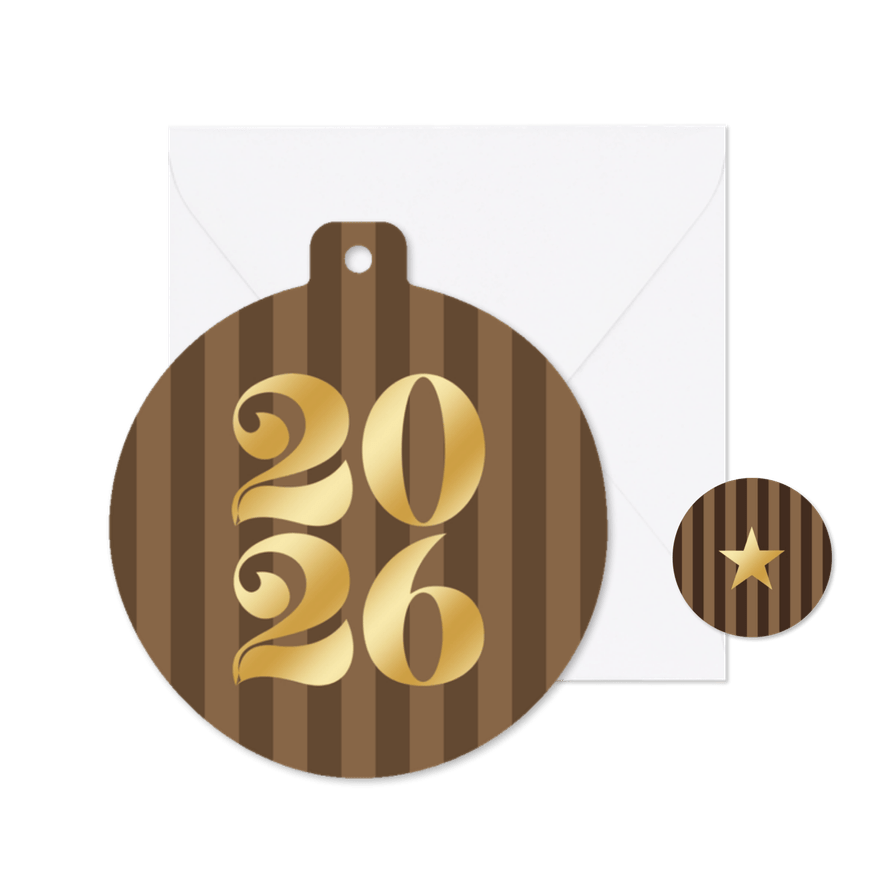Kerstkaartje gestreept 2026 goud kerstbalvorm bruin - Kaartimpressie
