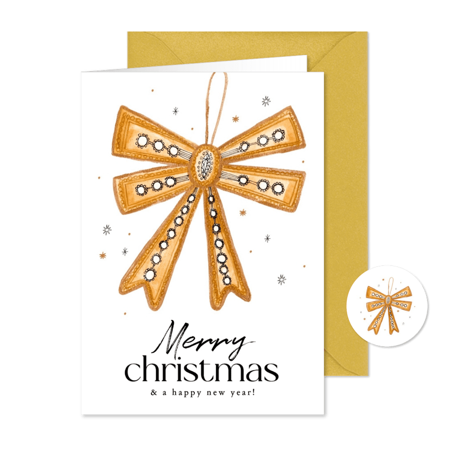 Kerstkaartje gouden strik en sterren Merry Christmas - Kaartimpressie