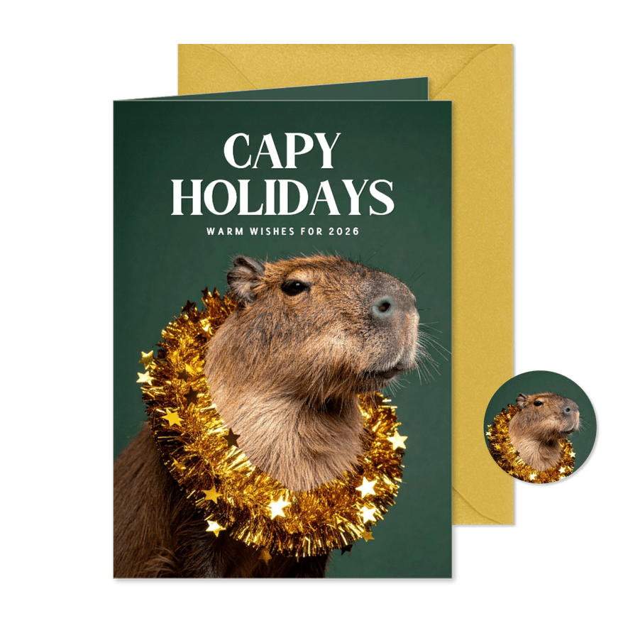 Kerstkaartje grappig met capibara donkergroen - Kaartimpressie