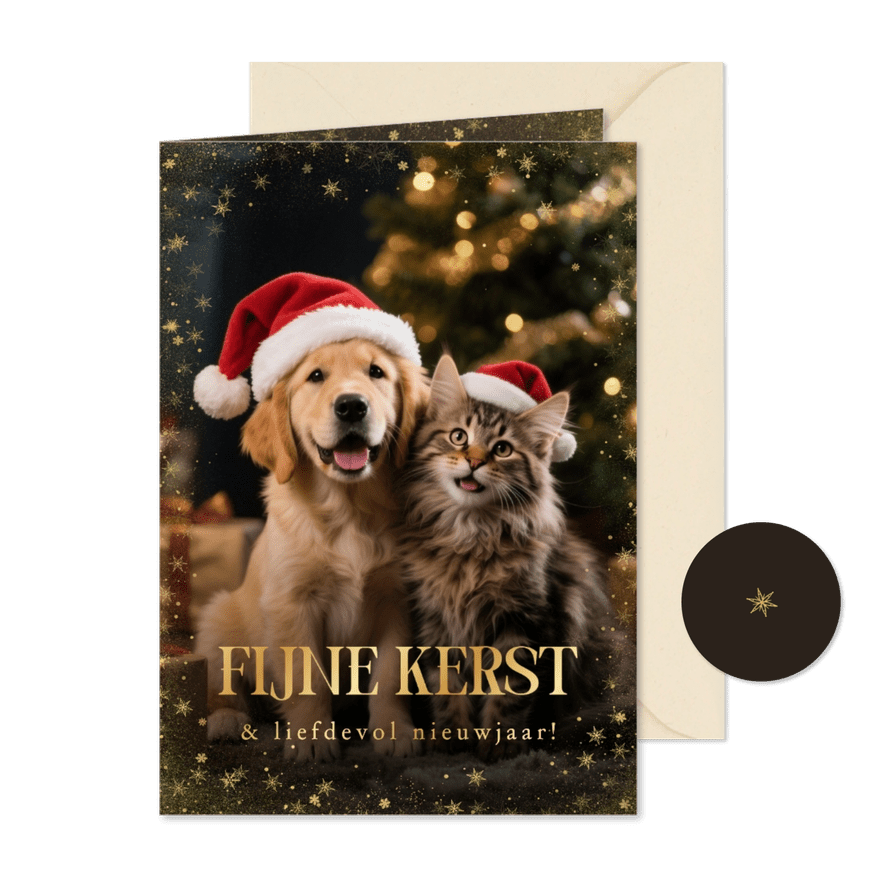 Kerstkaartje grote foto hond kat sfeervol fijne kerst - Kaartimpressie