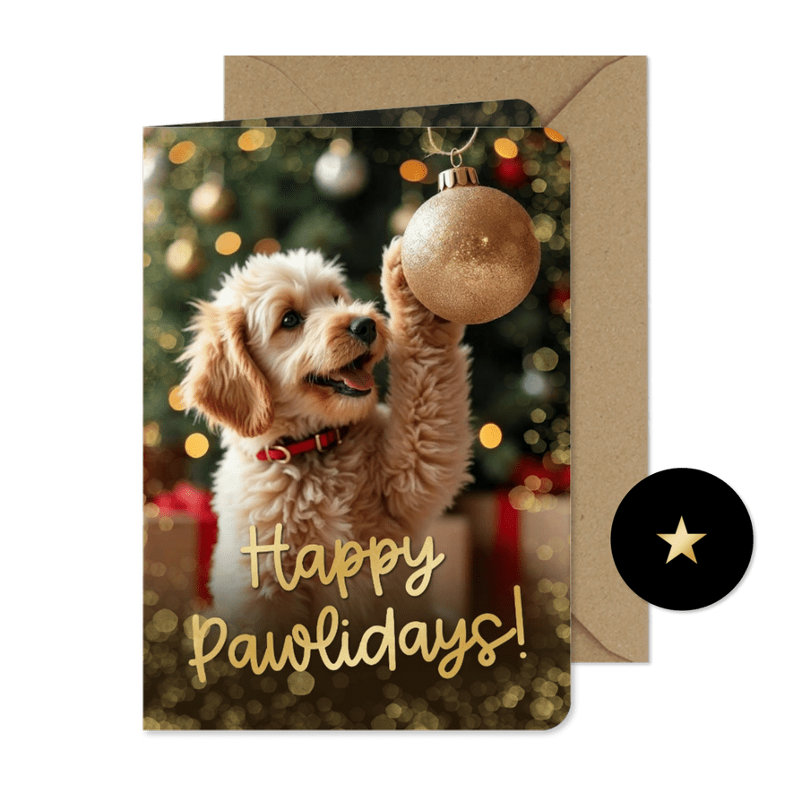 Kerstkaartje happy pawlidays hondje kerstbal pootje - Kaartimpressie