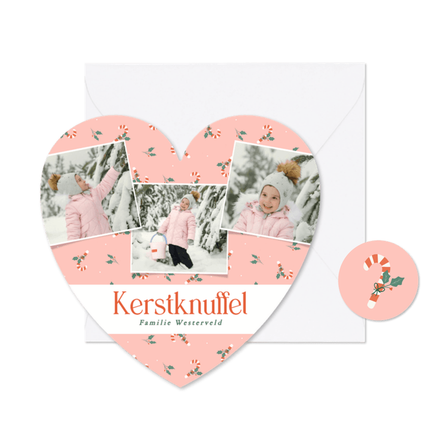 Kerstkaartje hartje roze met foto's en zuurstokjes - Kaartimpressie