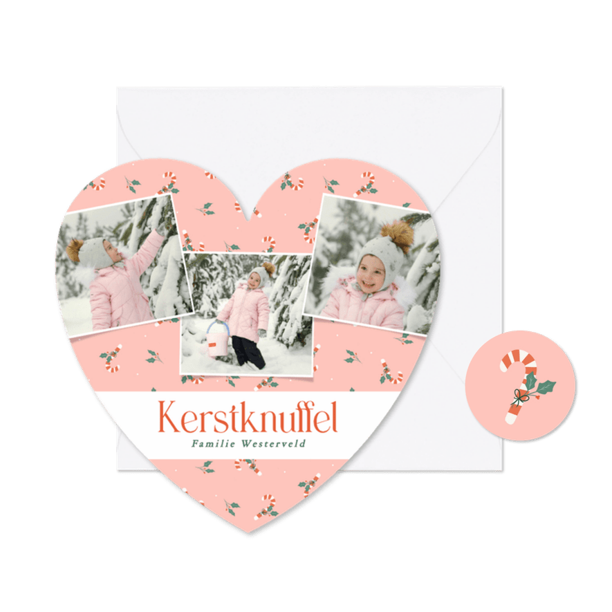 Kerstkaartje hartje roze met foto's en zuurstokjes - Kaartimpressie