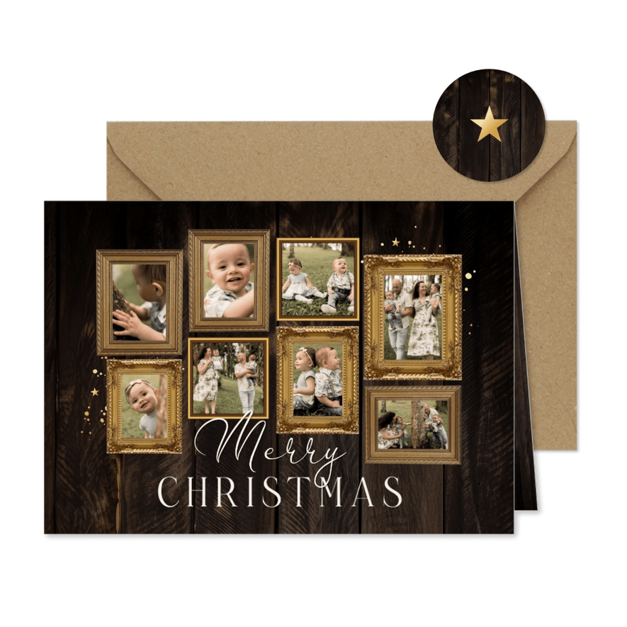 Kerstkaartje houtlook met gouden fotolijstjes en foto's - Kaartimpressie