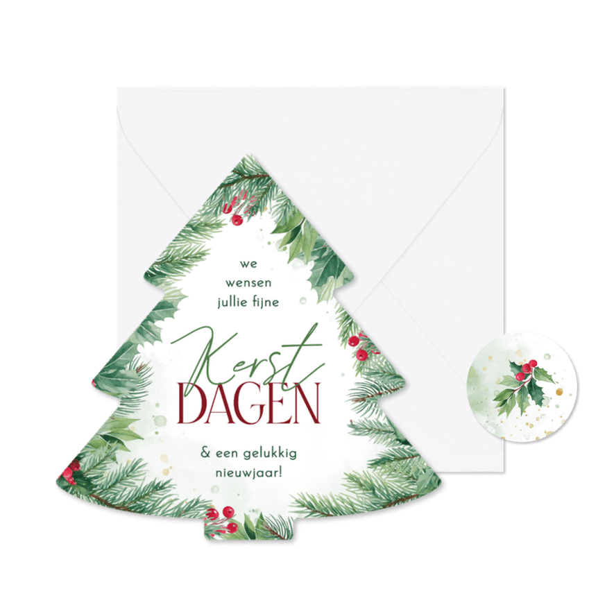 Kerstkaartje hulst en takjes in kerstboomvorm  - Kaartimpressie