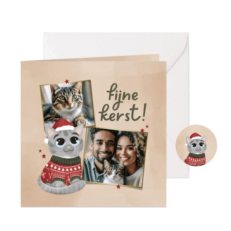 Kerstkaartje illustratie kat met trui en fotocollage sterren - Kaartimpressie