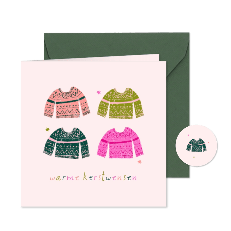 Kerstkaartje illustratie truien warme kerstwensen funky - Kaartimpressie