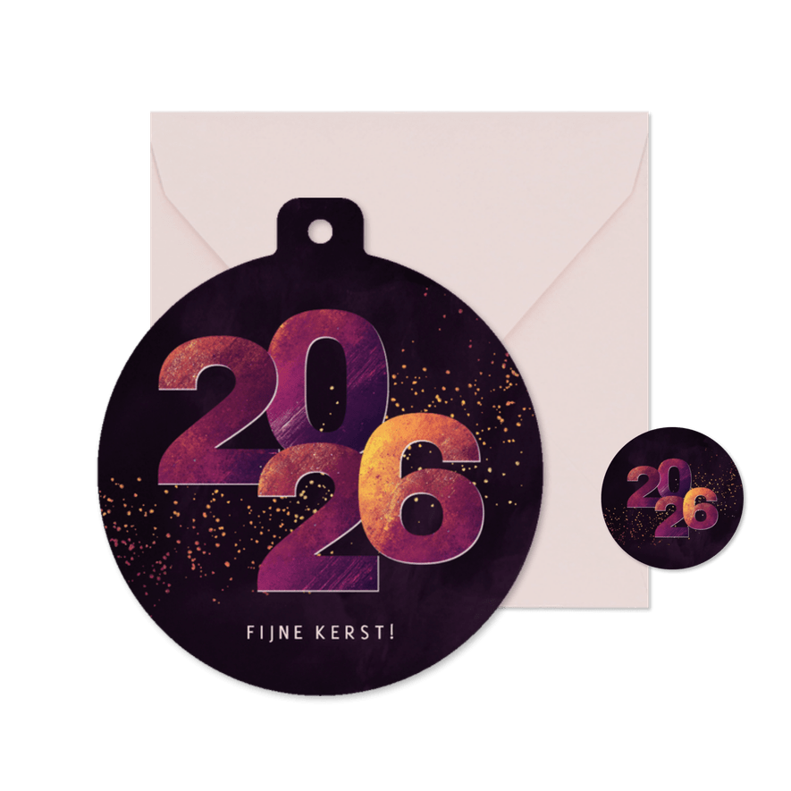 Kerstkaartje kerstbalvorm 2026 paars geel - Kaartimpressie