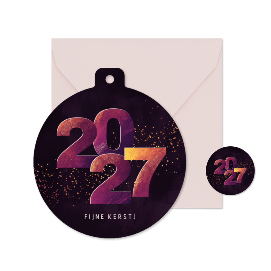 Kerstkaartje kerstbalvorm 2027 paars geel - Kaartimpressie