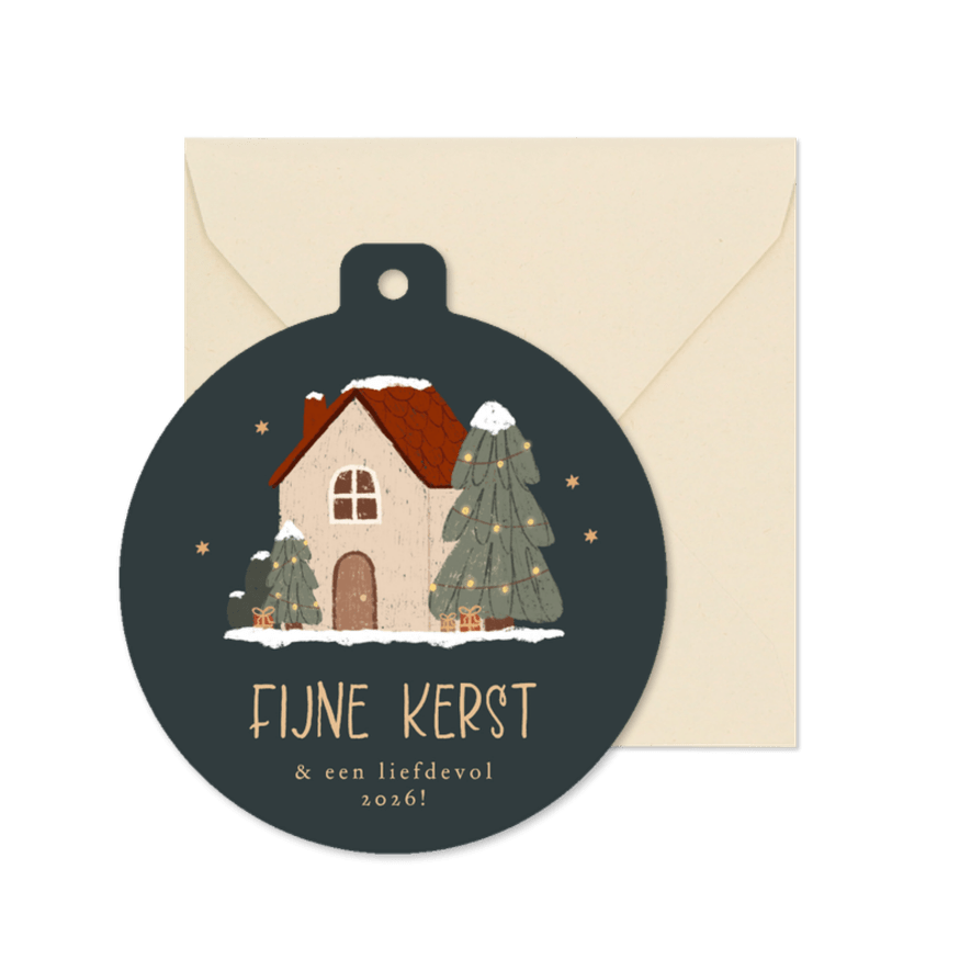 Kerstkaartje kerstbalvorm illustratie huisje sterretjes - Kaartimpressie