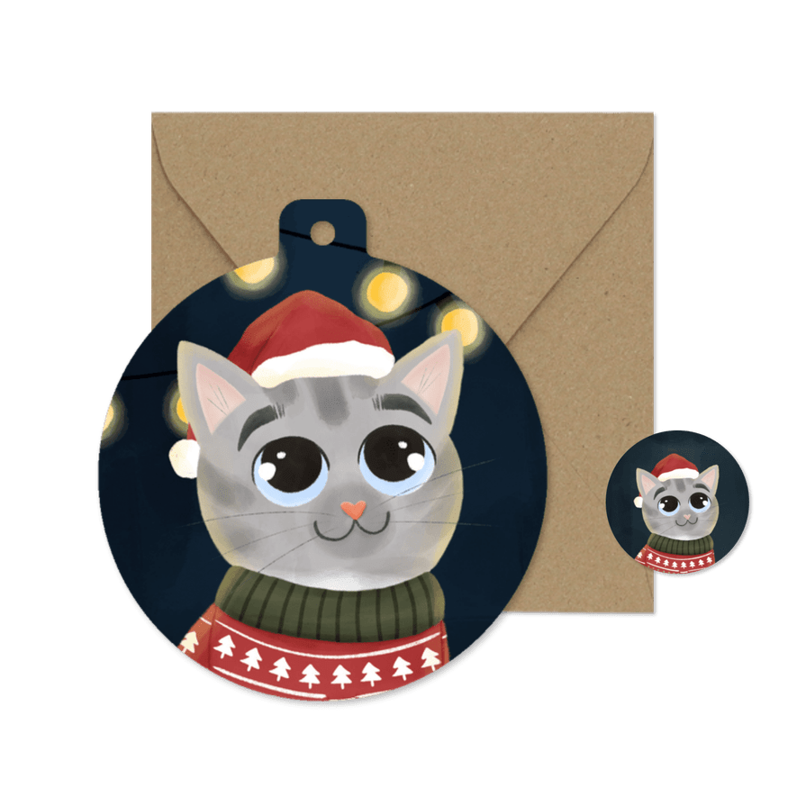 Kerstkaartje kerstbalvorm met kat kersttrui zonder tekst - Kaartimpressie