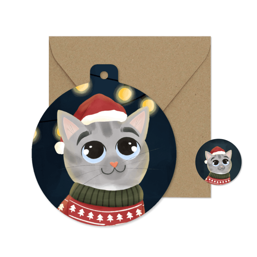 Kerstkaartje kerstbalvorm met kat kersttrui zonder tekst - Kaartimpressie