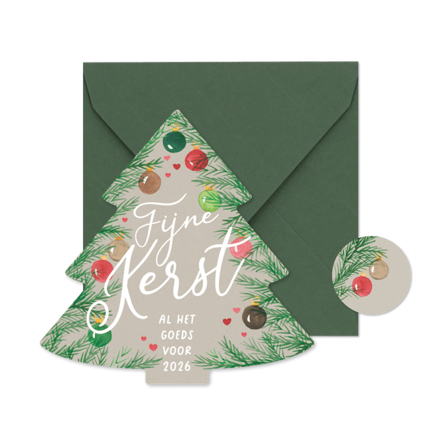 Kerstkaartje kerstboom takjes en ballen aquarel natuurlijk - Kaartimpressie