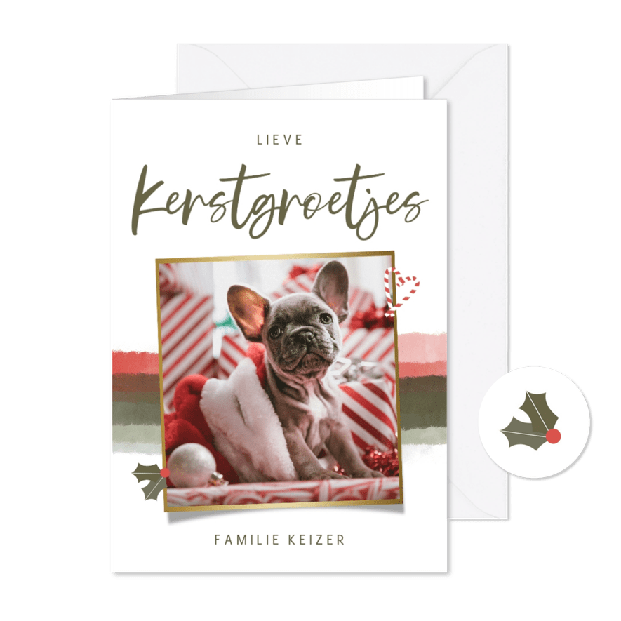 Kerstkaartje kerstgroetjes met waterverf hulst zuurstok - Kaartimpressie