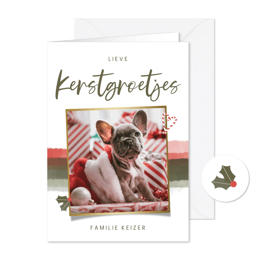 Kerstkaartje kerstgroetjes met waterverf hulst zuurstok - Kaartimpressie